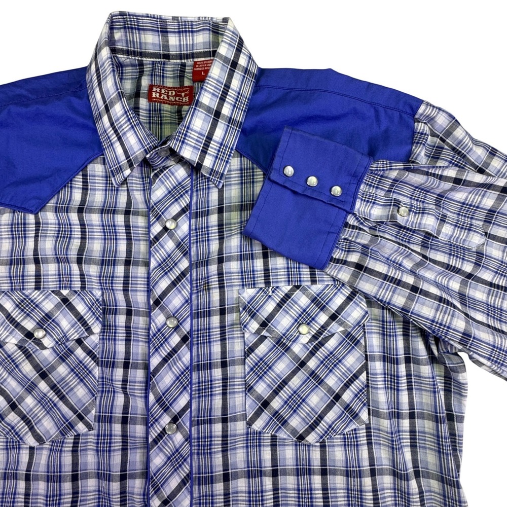 Red Ranch Western Shirt L Blue Plaid‎ Pearl Snap Cowboy Rodeo Country Style
